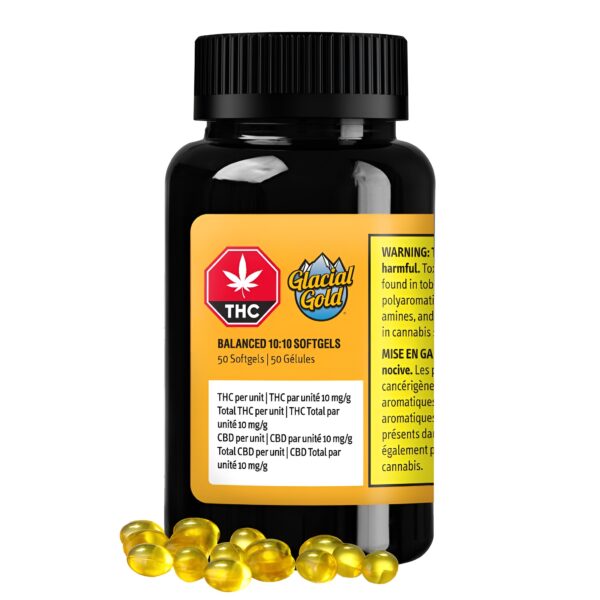 Balanced 10:10 softgels, 10mg THC 10mg CBD softgels, THC CBD balanced capsules, Glacial Gold softgels, Emprise Solar Eclipse softgels, Balanced cannabis softgels, THC CBD 1:1 softgels iHeartJane +10