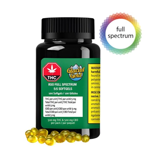 RSO Full Spectrum 5:5 100-Pack Softgels, Glacial Gold RSO Softgels, 5mg THC 5mg CBD capsules, Full-spectrum cannabis softgels, RSO softgels for pain relief, Balanced THC CBD softgels, RSO 5:5 capsules Canada