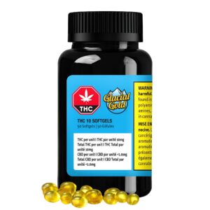 THC 10 Softgels, 10mg THC capsules, Glacial Gold THC Softgels, ABX 10mg THC Soft Gels, Tweed Bakerstreet 10mg Capsules, Spectrum Red No. 1 Softgels, Indica THC softgels
