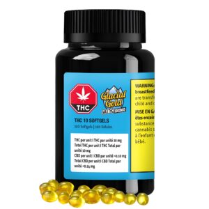 THC 10 Softgels, 10mg THC capsules, Glacial Gold THC Softgels, ABX 10mg THC Soft Gels, Tweed Bakerstreet 10mg Capsules, Spectrum Red No. 1 Softgels, Indica THC softgels