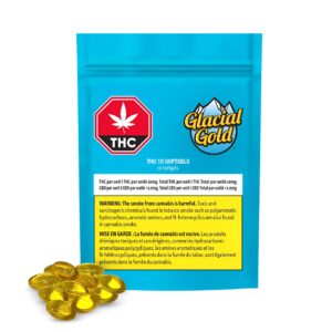 THC 10 Softgels, 10mg THC capsules, Glacial Gold THC Softgels, ABX 10mg THC Soft Gels, Tweed Bakerstreet 10mg Capsules, Spectrum Red No. 1 Softgels, Indica THC softgels